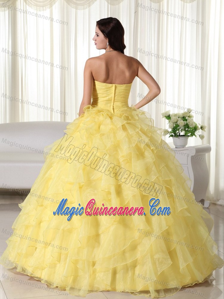 Yellow Strapless Ruffled Organza Appliques Quinceanera Dress in paris