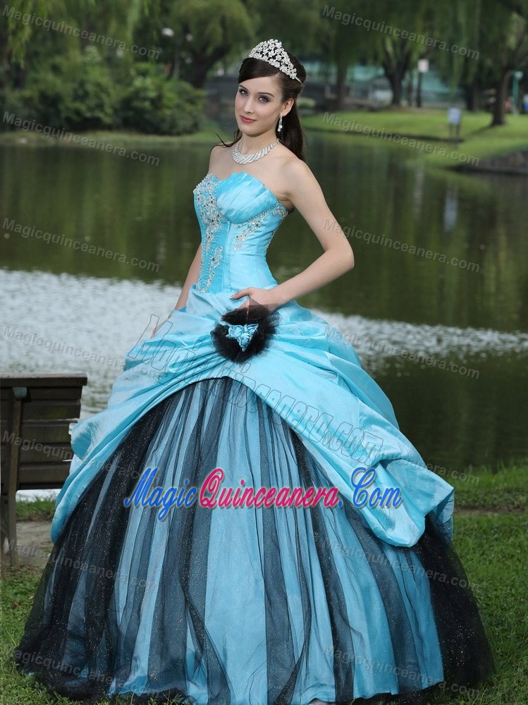 Aqua Blue Beaded Taffeta Appliques Quinceanera Gown in Clifton