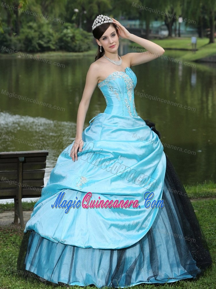 Aqua Blue Beaded Taffeta Appliques Quinceanera Gown in Clifton