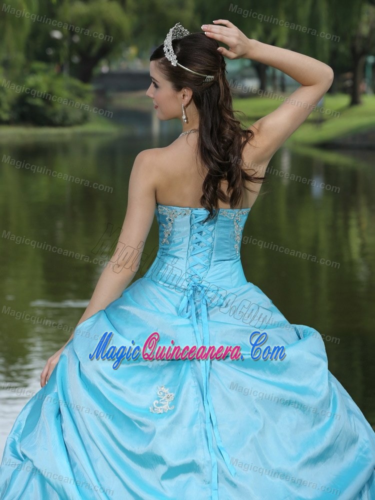 Aqua Blue Beaded Taffeta Appliques Quinceanera Gown in Clifton