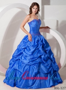 Blue Taffeta Cheap Quinceanera Dress with Pick-ups and Beading