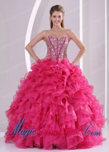 Elegant Hot Pink Ball Gown Sweetheart Long Organza Quinceanera Gowns with Ruffles and Beading