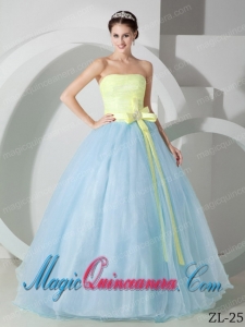 Exclusive Ball Gown Strapless Sash and Ruching Quinceanea Dress in Light Blue and Yellow