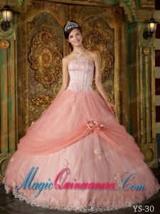 A Watermelon Ball Gown Strapless With Appliques Tulle Classic Quinceanera Gowns