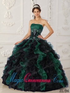 Ball Gown Strapless Taffeta and Organza Beading Best Quinceanera Dress in Green and Black