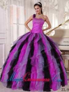 Beautiful Multi-colored Ball Gown One Shoulder Floor-length Organza Beading and Ruffles Quinceanera Dress