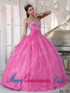 Beautiful Rose Pink Ball Gown Sweetheart Floor-length Taffeta and Organza Appliques Quinceanera Dress