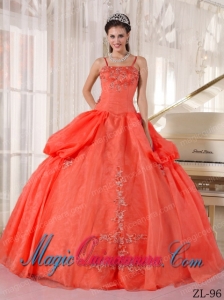 Beautiful Rust Red Ball Gown Spaghetti Straps Floor-length Taffeta and Organza Appliques Quinceanera Dress