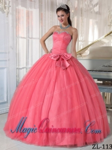 Cheap Watermelon Ball Gown Beading and Bowknot Sweetheart Tulle Quinceanera Dress