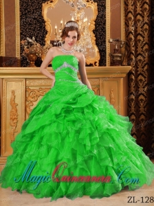 Green Ball Gown Floor-length Organza Beading And Ruffles Cute Quinceanera Dress