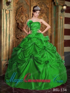 Green Ball Gown Strapless Floor-length Taffeta Hand Made Flowers Cute Quinceanera Dress