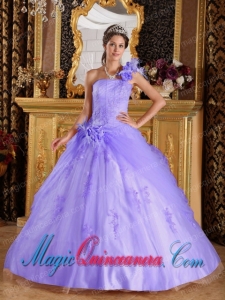 Lavender Ball Gown One Shoulder Floor- length Appliques Tulle Cute Quinceanera Dress