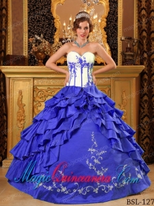 Pretty Sweetheart Ruffles And Embroidery Quinceanera Dress in Royal Blue and White