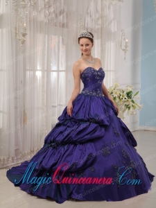 Purple Ball Gown Sweetheart Court Train Taffeta Appliques Cute Quinceanera Dress