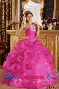 Remarkable Ball Gown Strapless Embroidery Organza Quinceanera Dress in Hot Pink