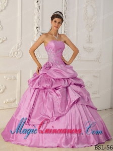 Rose Pink A-Line / Princess Strapless Floor-length Taffeta Beading Cute Quinceanera Dress