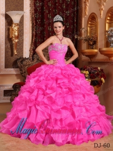 Rose Pink Ball Gown Strapless Floor-length Organza Beading and Appliques Cute Quinceanera Dress