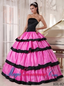 Rose Pink and Black Ball Gown Strapless Floor-length Taffeta Cute Quinceanera Dress