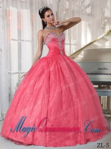 Watermelon Ball Gown Sweetheart Floor-length Taffeta and Organza Appliques Cute Quinceanera Dress