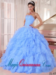 2014 Blue Ball Gown Strapless Floor-length Organza Beading Quinceanera Dress