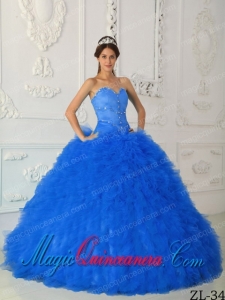 2014 Blue Ball Gown Sweetheart Floor-length Satin and Organza Beading Quinceanera Dress