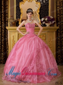 Cheap Ball Gown Sweetheart Appliques Organza Quinceanera Dress in Rose Pink