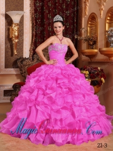 Cheap Rose Pink Ball Gown Strapless Organza Quinceanera Dress with Appliques