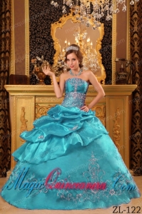 Cheap Teal Ball Gown Strapless Organza Beading Quinceanera Dress