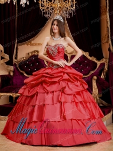 Coral Red Ball Gown Sweetheart Floor-length Taffeta Appliques Cute Quinceanera Dress