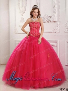 Elegant Ball Gown Strapless Floor-length Tulle Beading Hot Pink Cute Quinceanera Dress