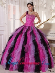 Multi-colored Ball Gown One Shoulder Floor-length Organza Beading and Ruffles Dramatic Quinceanera Dress