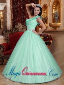 Apple Green Gorgeous A-line One Shoulder Tulle Ruch Quinceanera Dress