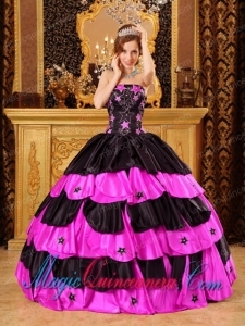 Black And Hot Pink Ball Gown Strapless Quinceanera Dress with Beading