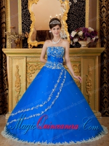 Blue Ball Gown Strapless Floor-length Tulle Lace Appliques Dramatic Quinceanera Dress