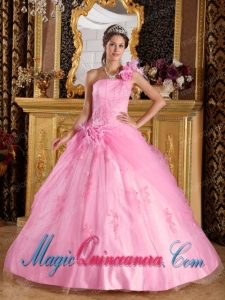 Discount Quinceanera Dresses In Pink Ball Gown One Shoulder With Appliques Tulle