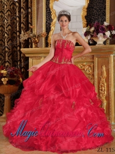 Discount Quinceanera Dresses In Red Ball Gown Strapless Floor-length Appliques Organza