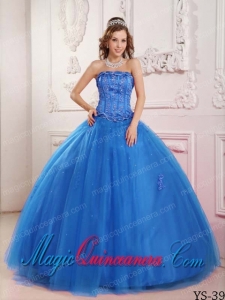 Elegant Ball Gown Strapless Floor-length Tulle Beading Blue Dramatic Quinceanera Dress