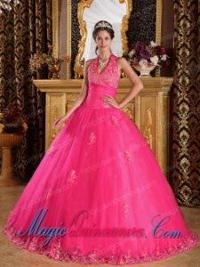 Hot Pink Ball Gown Halter Floor-length Appliques Tulle Dramatic Quinceanera Dress