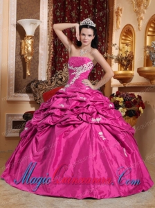 Hot Pink Ball Gown Strapless Gorgeous Taffeta Appliques Quinceanera Dress