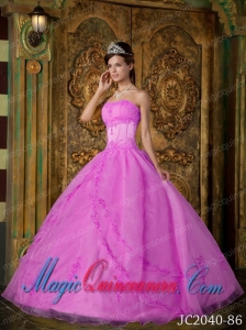 Rose Pink Ball Gown Strapless Floor-length Appliques Organza Dramatic Quinceanera Dress