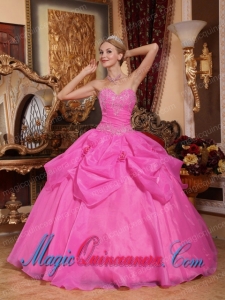 Rose Pink Sweetheart Ball Gown Gorgeous Taffeta and Organza Appliques Quinceanera Dress