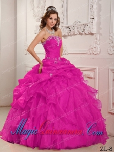 Strapless Hot Pink Ball Gown Organza Beading And Ruffles Fashion Quinceanera Dress