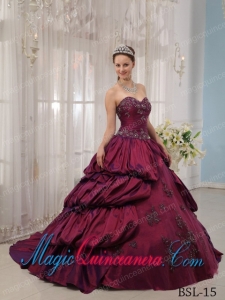 Sweetheart Court Train Taffeta Fuchsia Ball Gown Appliques Fashion Quinceanera Dress