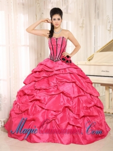 Red Beaded and Hand Made Flowers Gorgeous Quinceanera Dress With Pick-ups