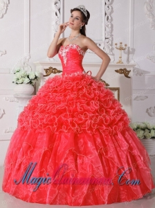 Coral Red Ball Gown Strapless Floor-length Organza Embroidery with Beading New style Quinceanera Dress