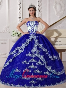 Dark Blue and White Ball Gown Strapless Floor-length Organza Appliques New style Quinceanera Dress