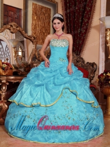 Aqua Blue Ball Gown Strapless Floor-length Organza Appliques Inexpensive Sweet 16 Dresses