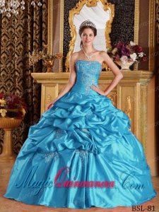 Aqua Blue Ball Gown Strapless Floor-length Pick-ups Taffeta Spring Quinceanera Dress