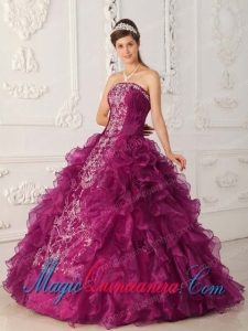 Romantic Fuchsia Ball Gown Strapless Floor-length Satin and Organza Embroidery Sweet 16 Dresses