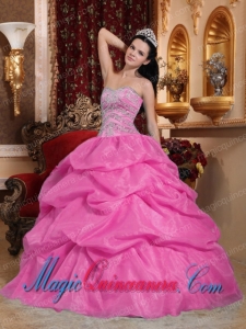 Rose Pink Ball Gown Sweetheart Floor-length Organza Beading Romantic Sweet 16 Dresses